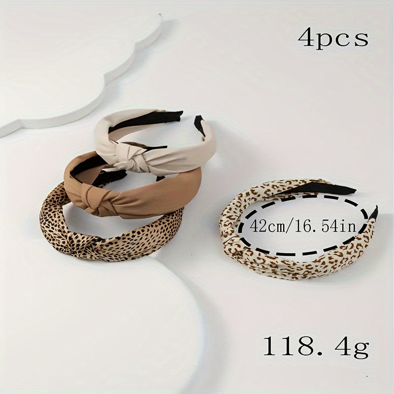 Set of 4 Leopard Print Wide Brim Fabric Hair Bands for Women