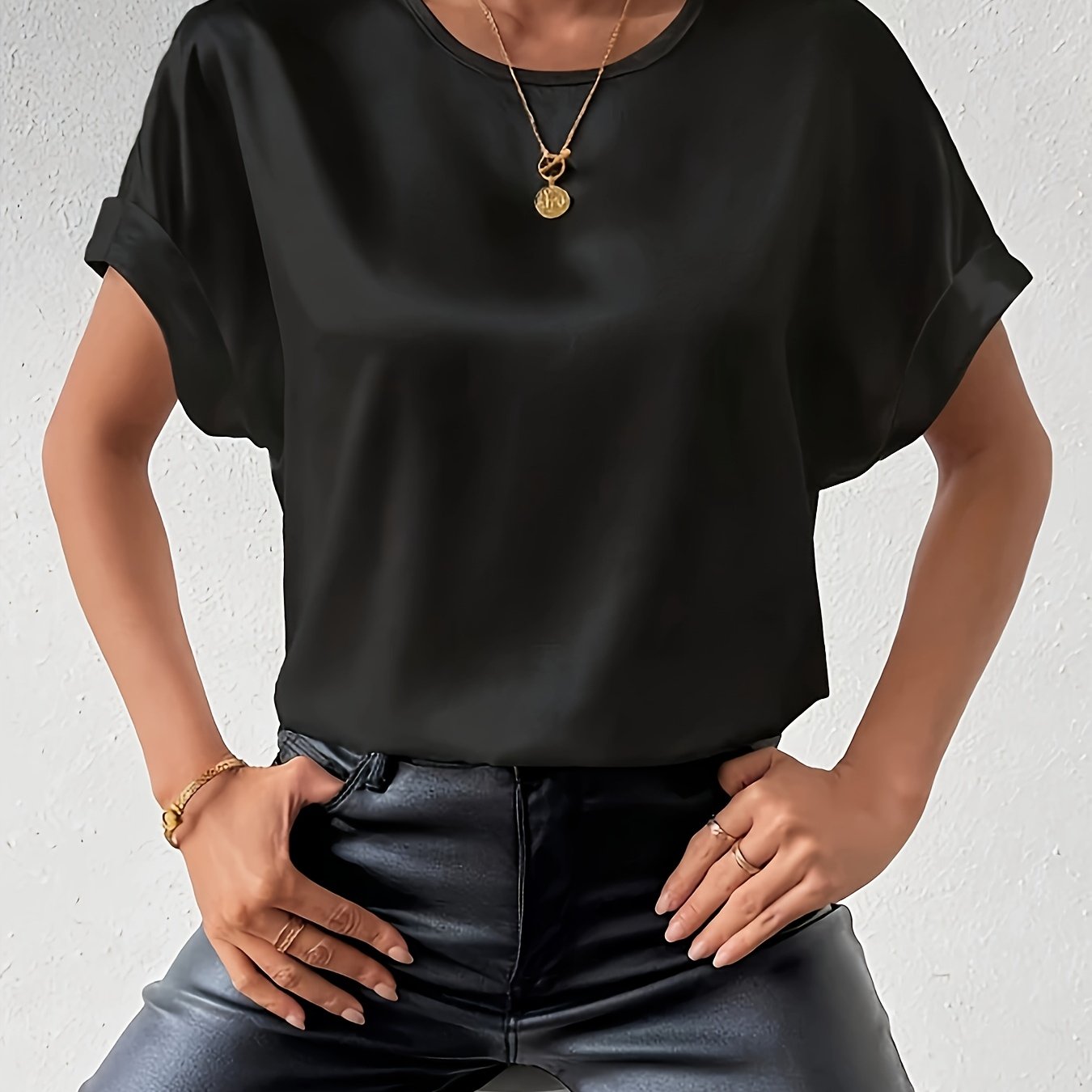 Plus Size Women's Woven Cotton Shirt Crew Neck Summer Casual Solid