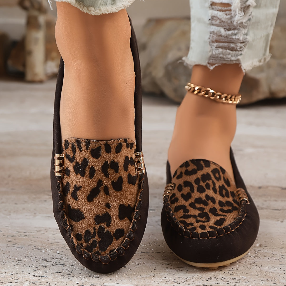 Women's Leopard Print Patchwork Loafers Slip-On Comfort All-Season Shoes