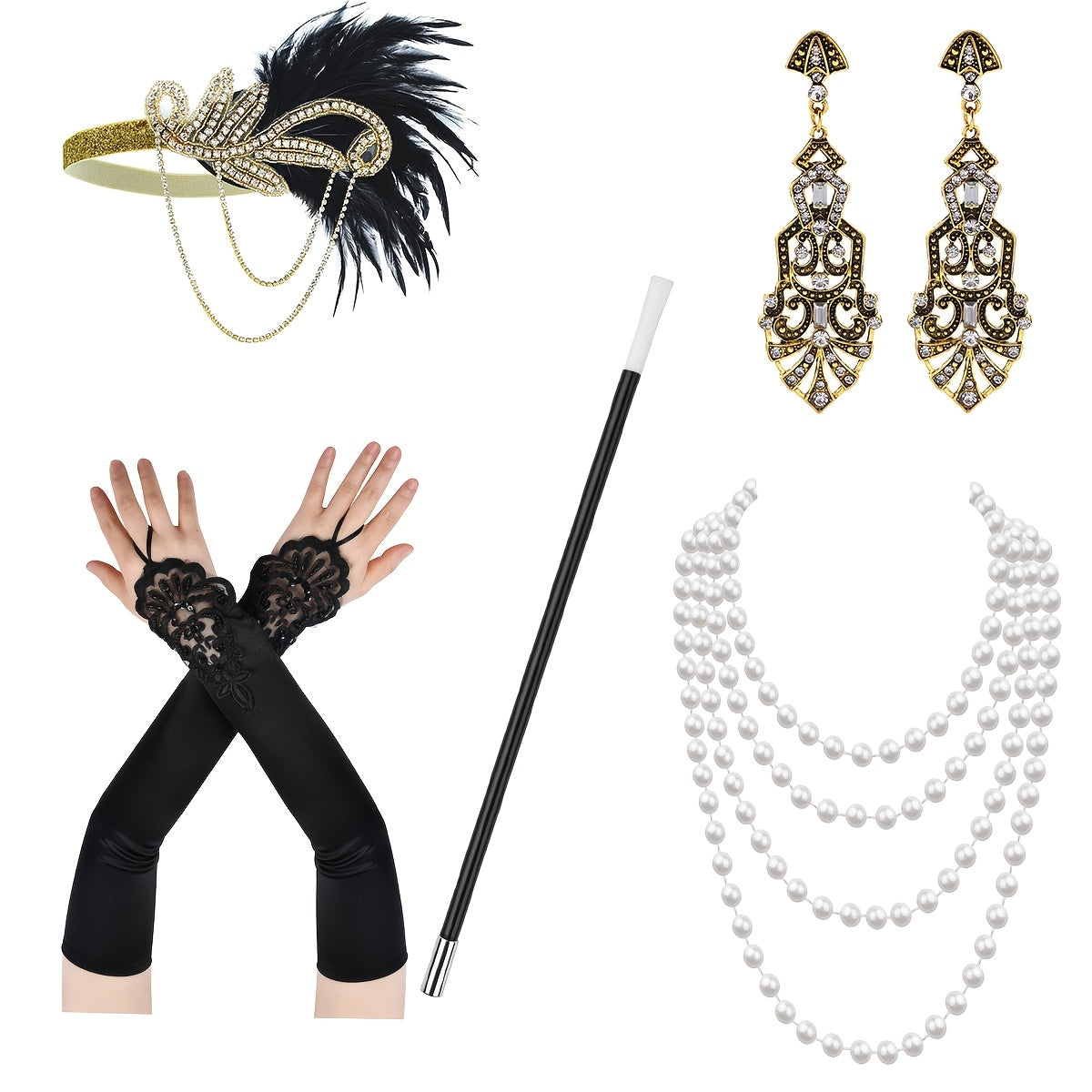 Set de accesorios de disfraces con temática Gatsby para mujeres con diadema de plumas, guantes, collar de perlas y sujetapapeles para cigarrillos