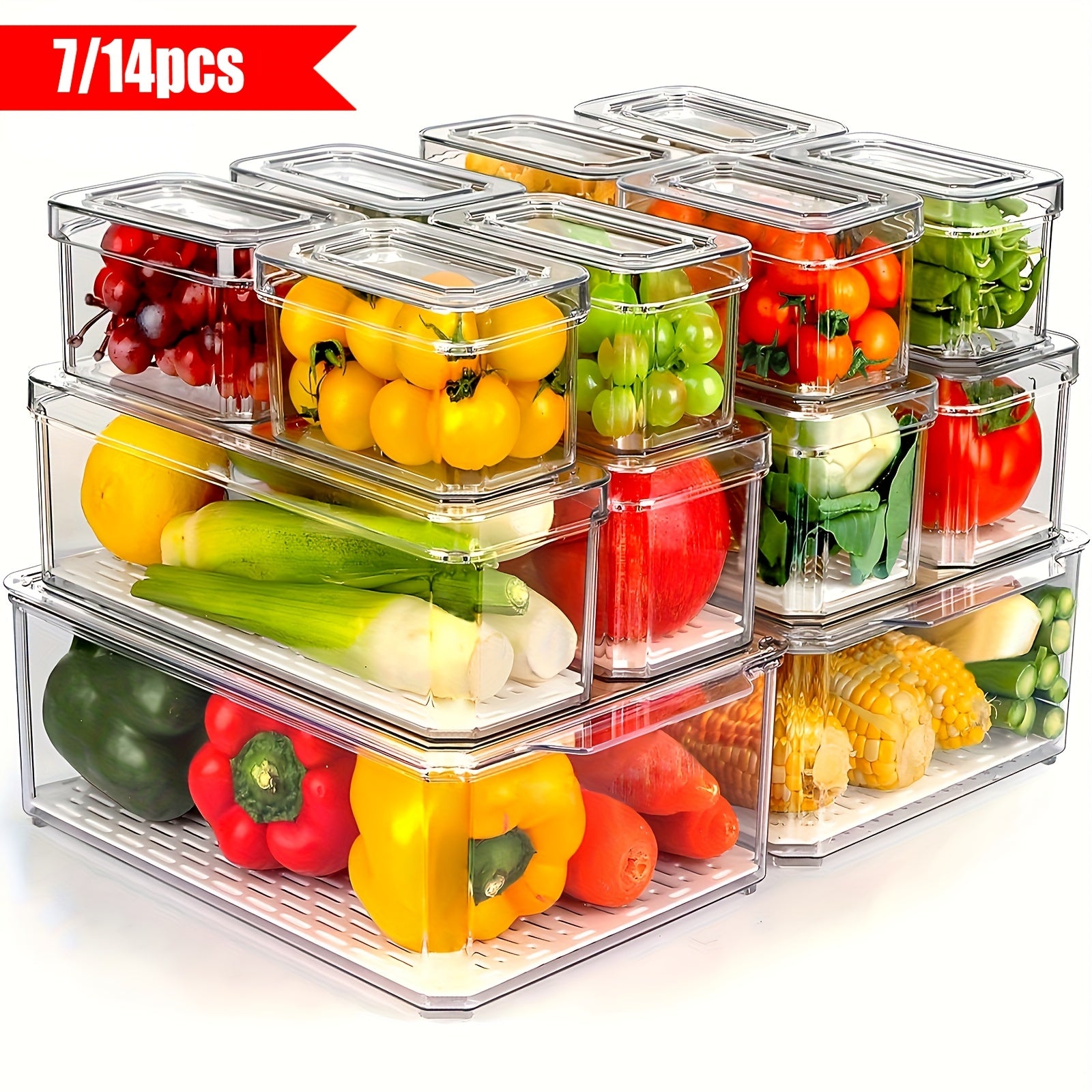 7/14pc Clear Stackable Fridge Organizer Bins with Lids BPA-Free Food Storage for Fruits Vegetables Drinks