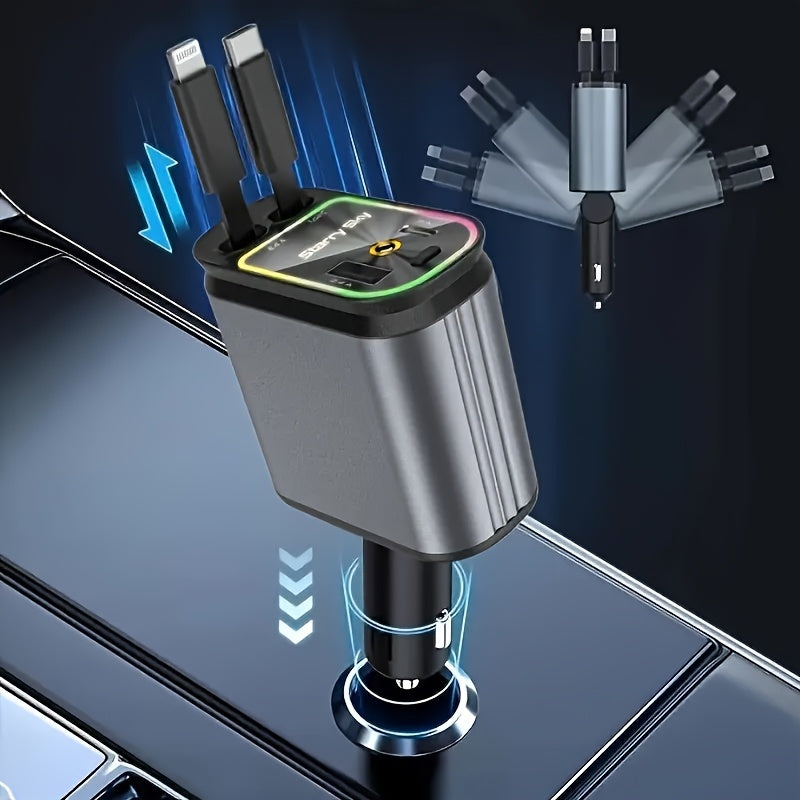 4-in-1 qaytariladigan avtomobil zaryadkichi 66W tez zaryadlash, LED chiroq va LED lamp bilan