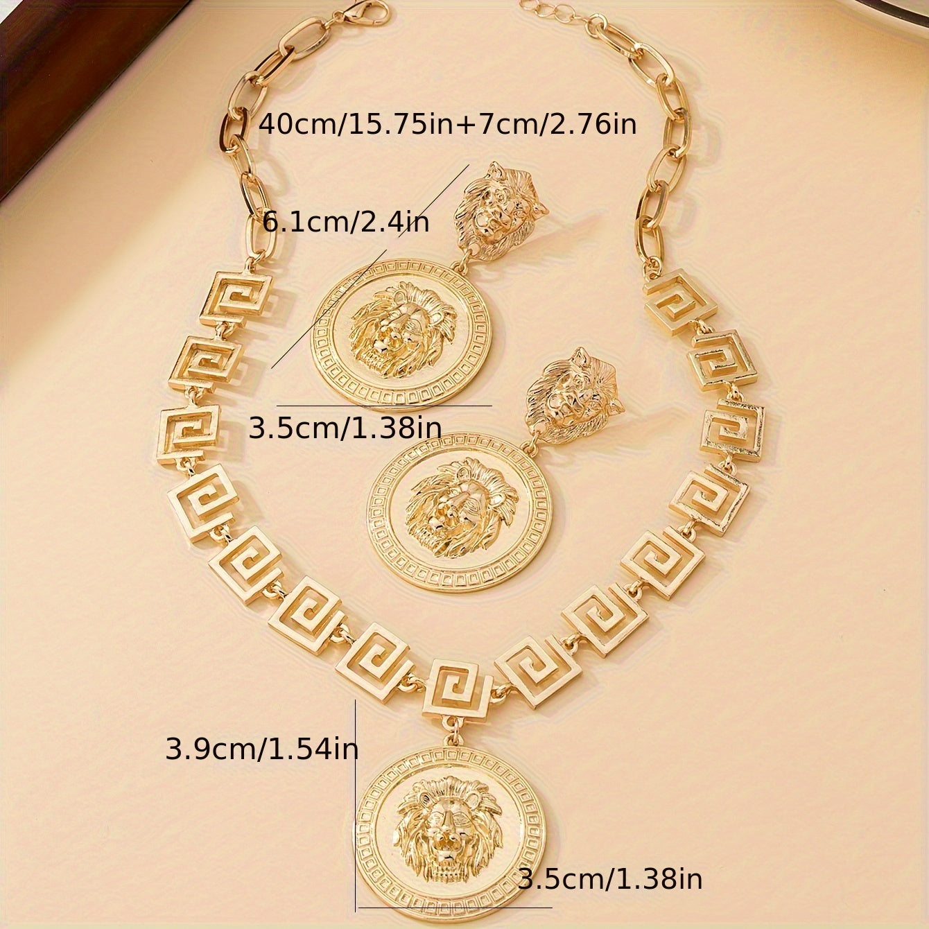 Gold Plated Lion Head Pendant Necklace and Earring Set for Women Minimalist Zinc Alloy Jewelry