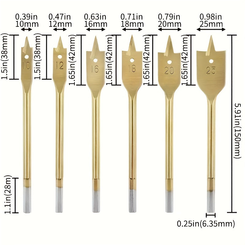 6-Piece Titanium-Coated Flat Drill Bit Set for Woodworking 10mm to 25mm