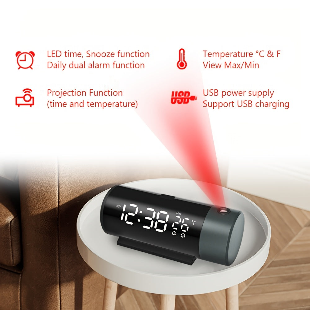 Digital Projection Clock with Dual Alarms Sleep Function USB Powered Time and Temperature Projection