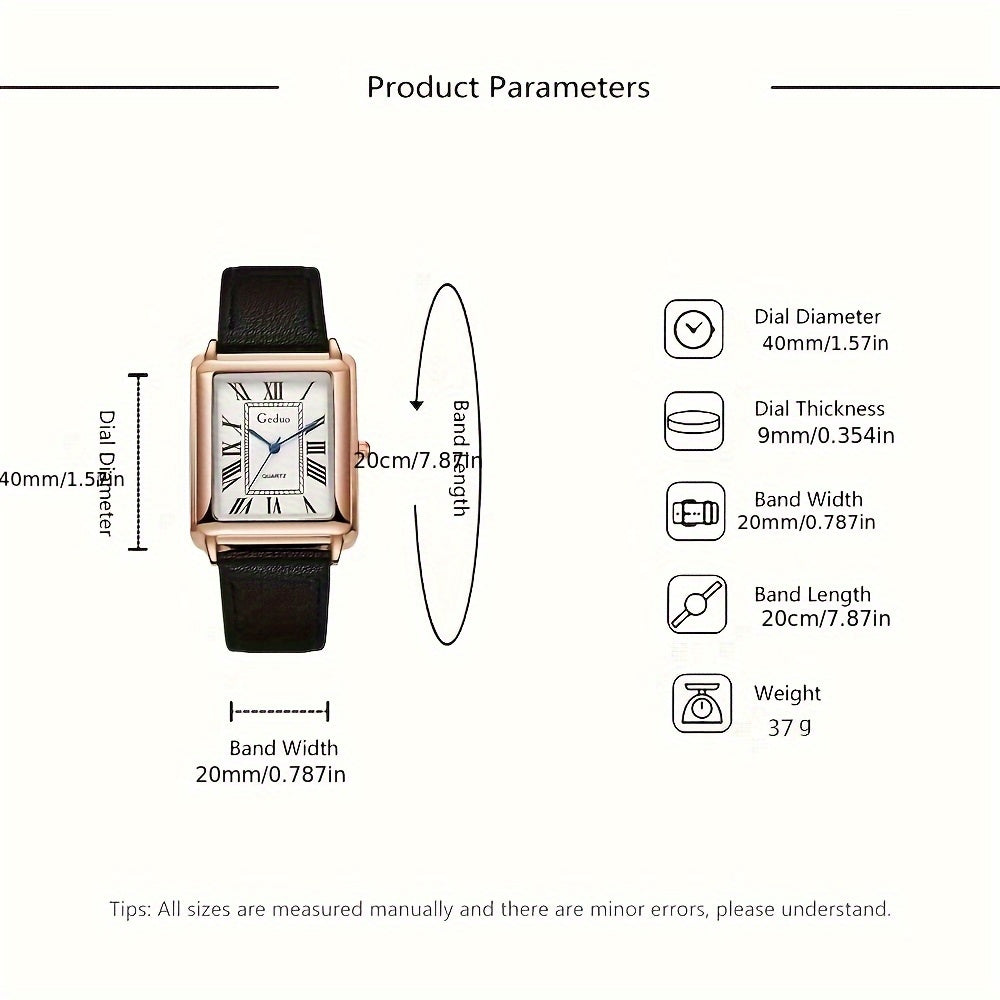 Men's Square Quartz Watch with Roman Numerals and Leather Strap