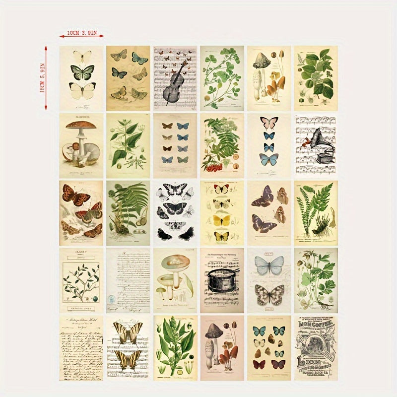 Set of 30 Botanical Wall Stickers Room Decor Cards Animal Print Spring Butterfly Ink Paper