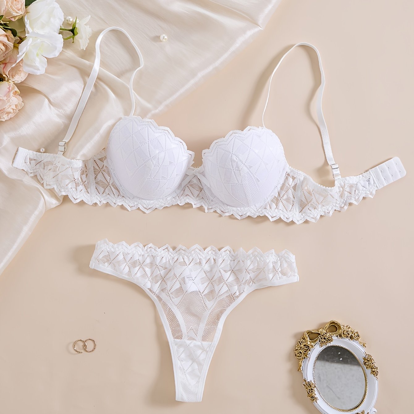 Women's Lace Lingerie Set with Underwire Bra and Sheer Thong Polyester Spandex