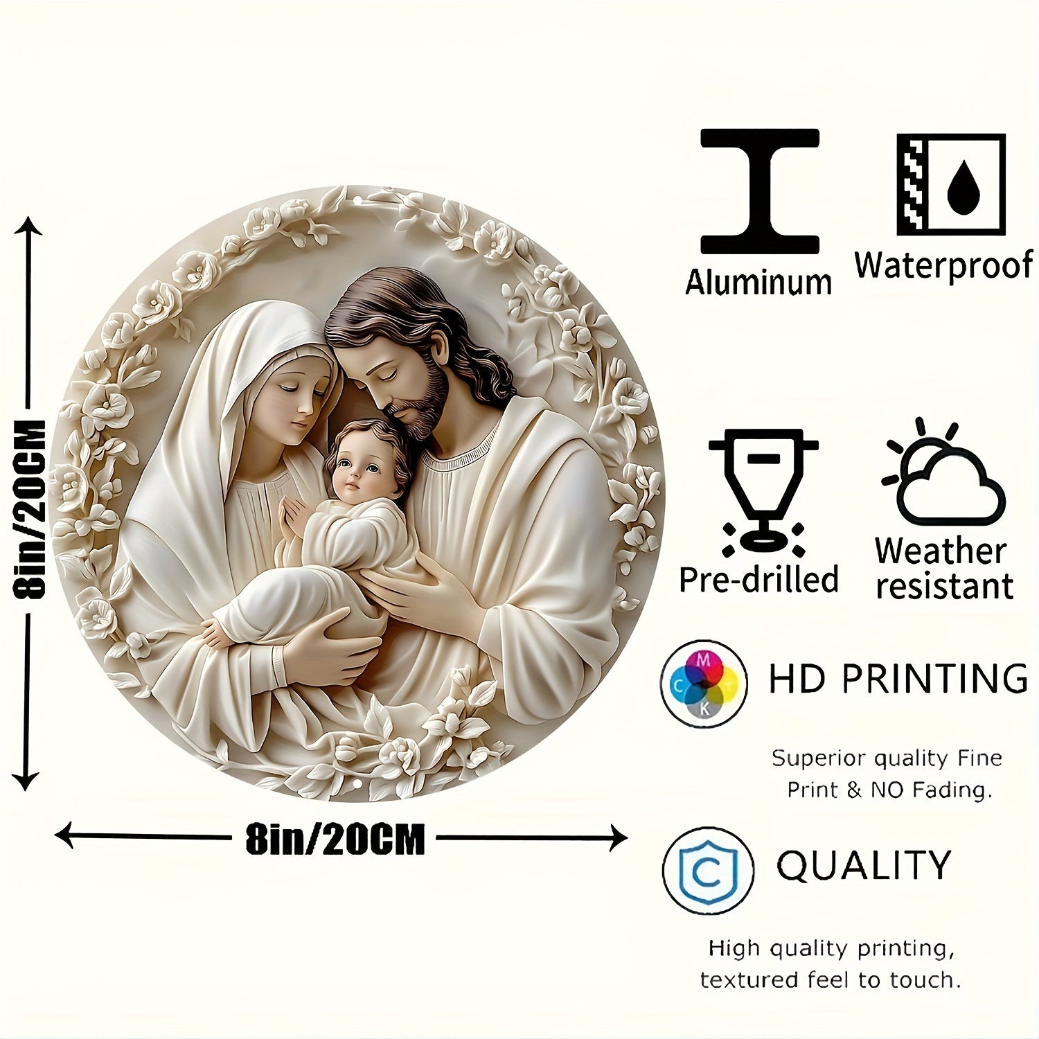 Religious Aluminum Wall Hanging Sign Sacred Family Metal Art Weather Resistant Textured Decor