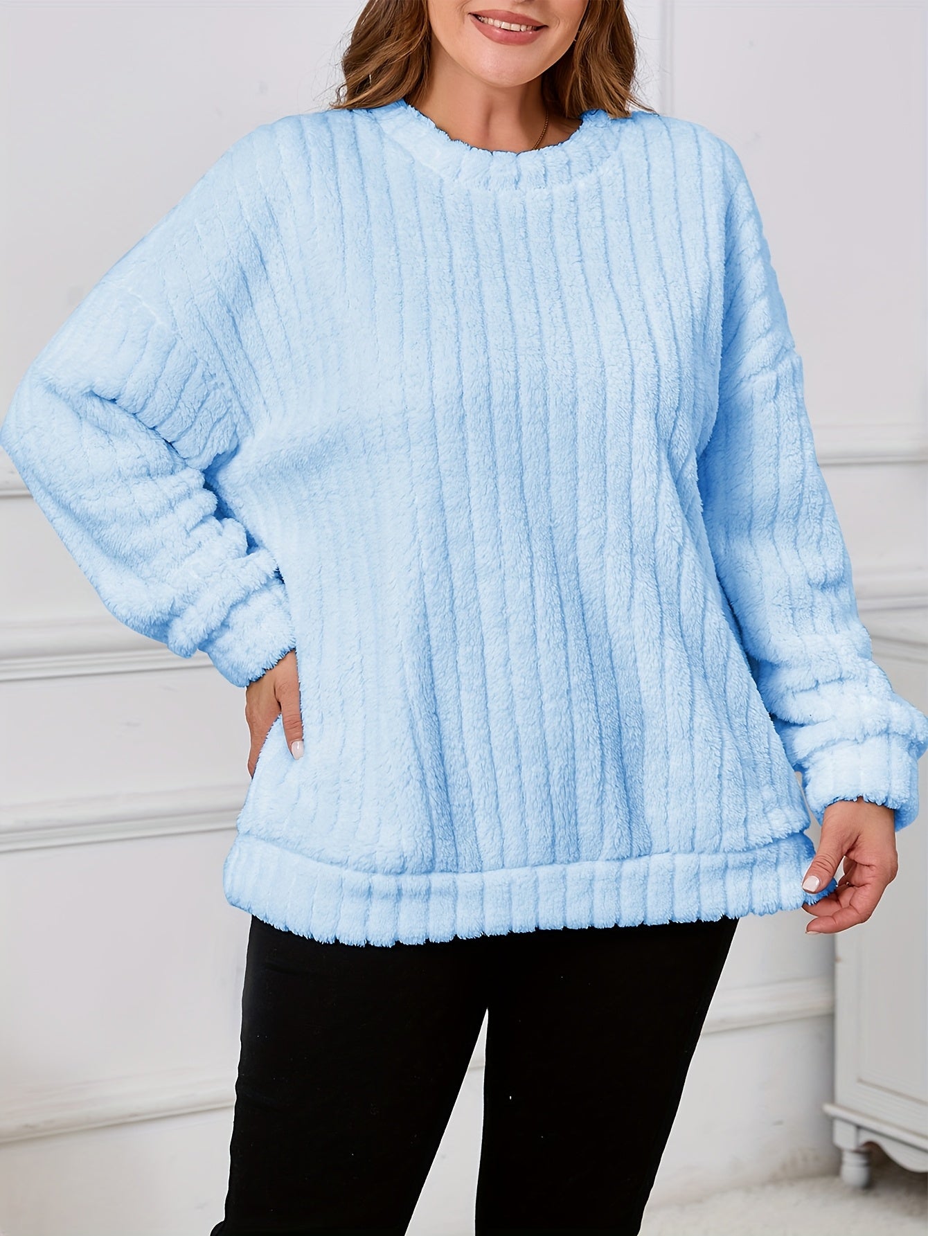 Women's Plus Size Fleece Pullover Sweatshirt Polyester Crew Neck Solid Color Warm Casual
