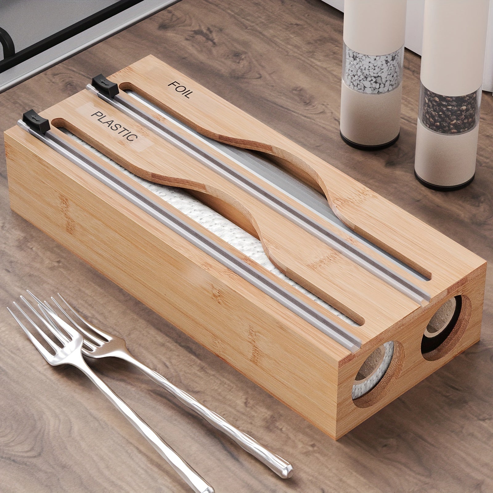Bamboo Wrap Dispenser with Cutter for Kitchen Drawer Wall Organizer Plastic and Aluminum Foil Storage
