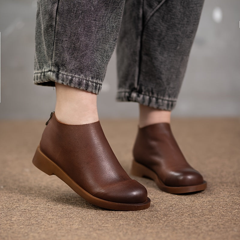 Women's Faux Leather Round Toe Zipper Short Boots with Low Heel and Ankle Support