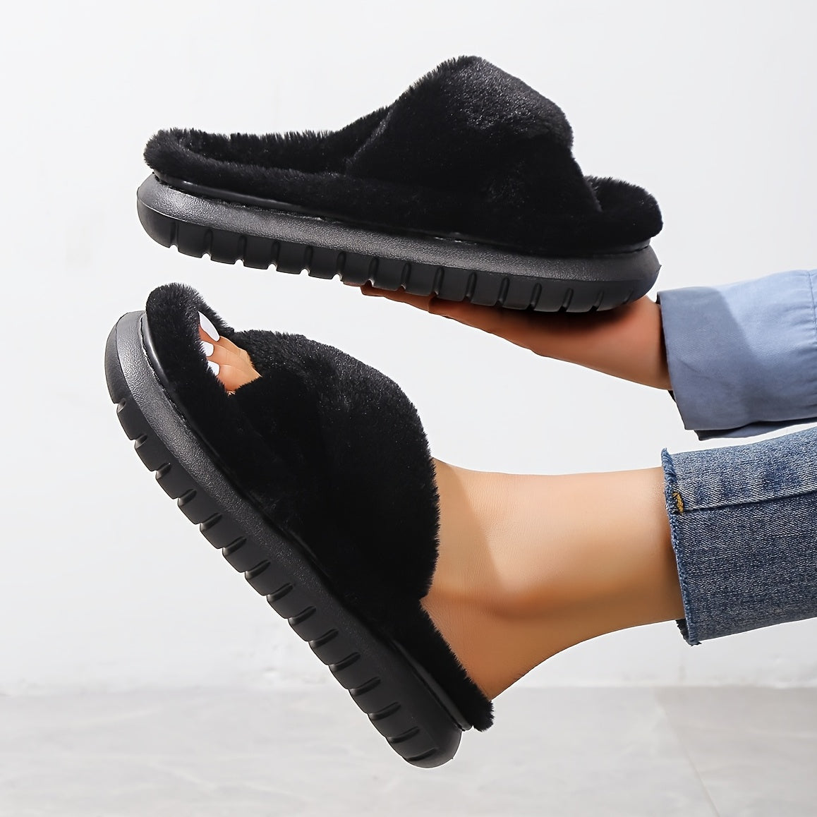 Women's Faux Fur Slippers with EVA Sole Indoor House Shoes