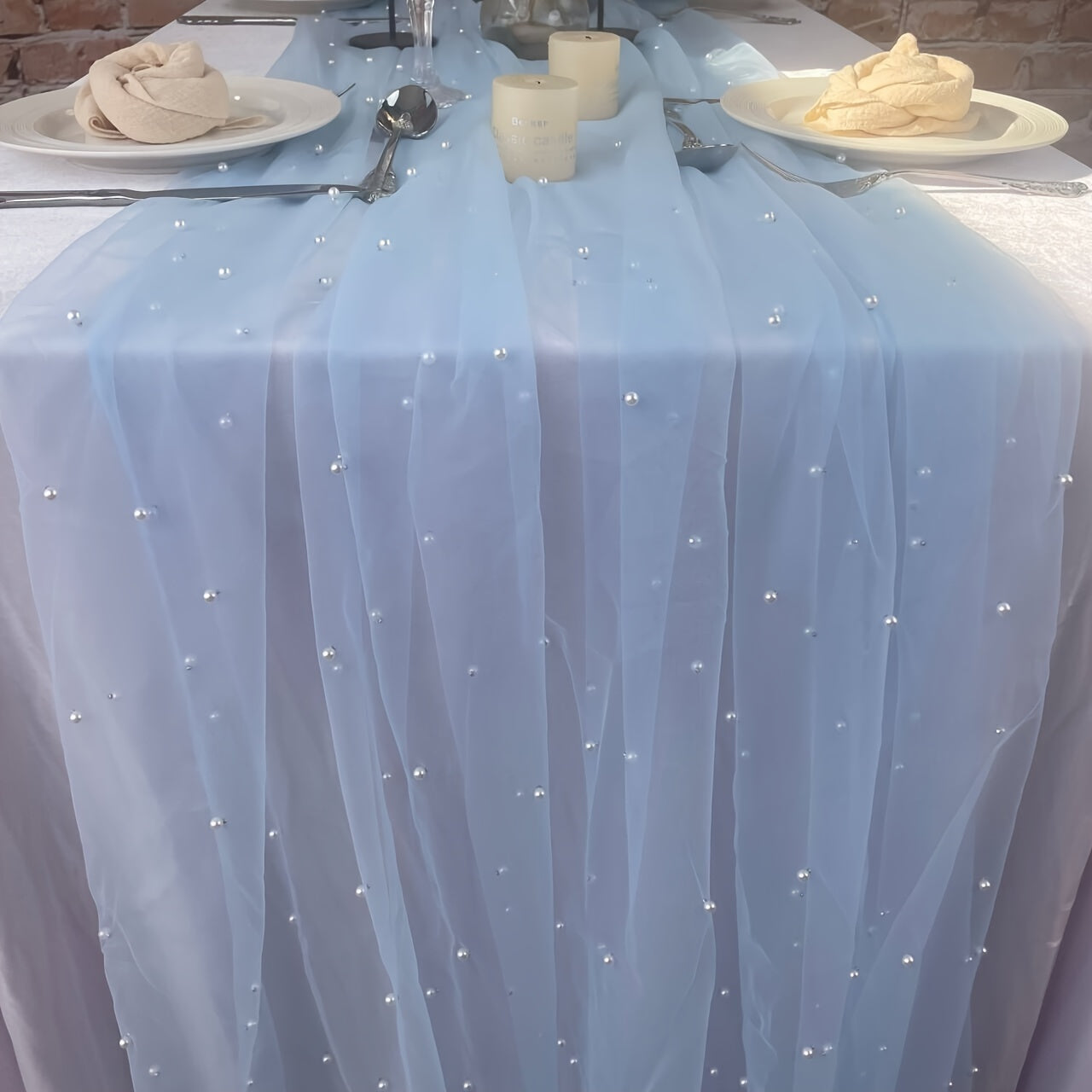 Pearl Lace Embroidered Table Runner for Wedding Arch Bridal Shower Event White Chiffon Tulle