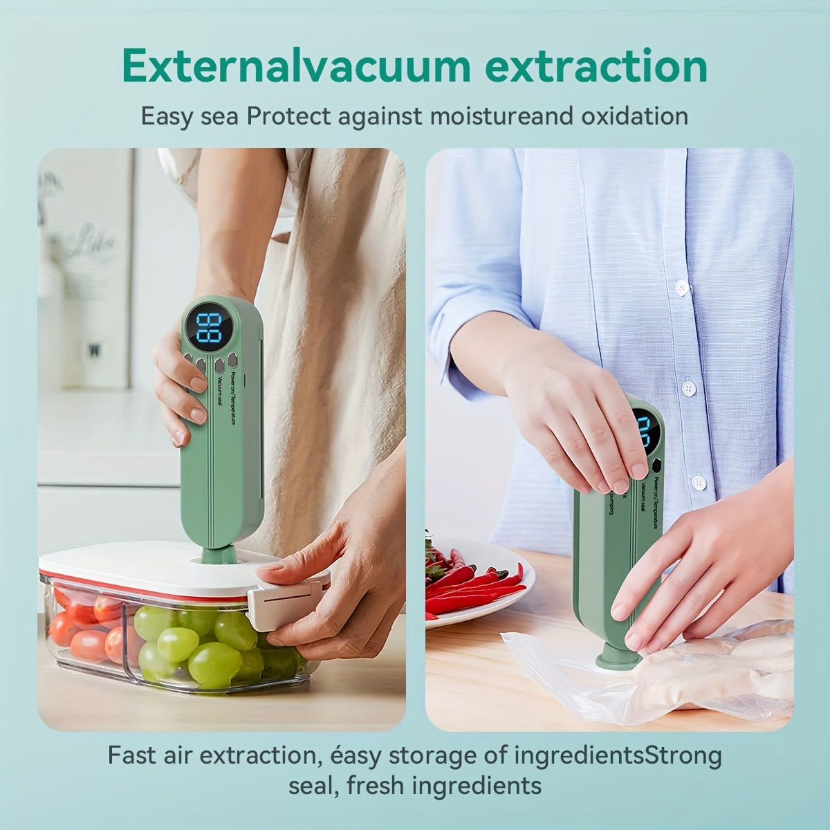 Portable USB Rechargeable Vacuum Sealer Handheld Snack Sealing System Teal 1200mAh