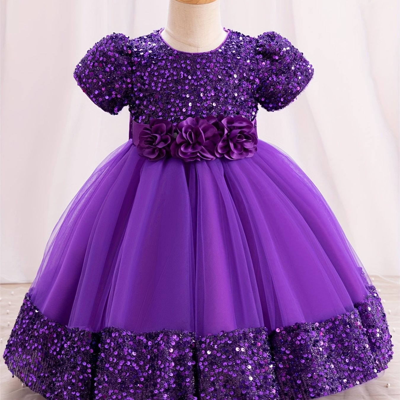 Girls Sparkling Midi Dress with 3D Flower Decor Sequin and Belt for Weddings Parties