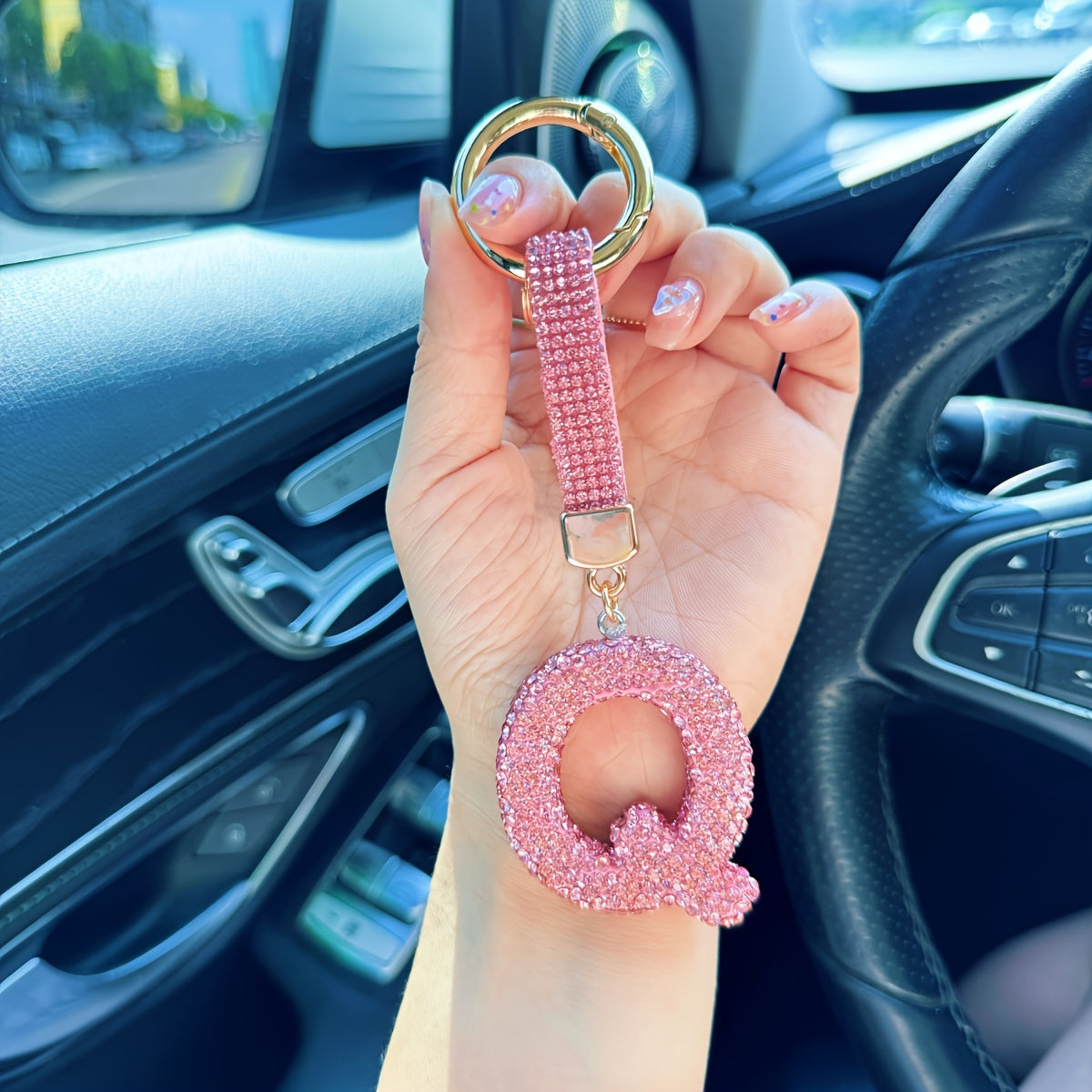 Llavero personalizado con inicial rosa, colgante de aleación con rhinestones para mujeres