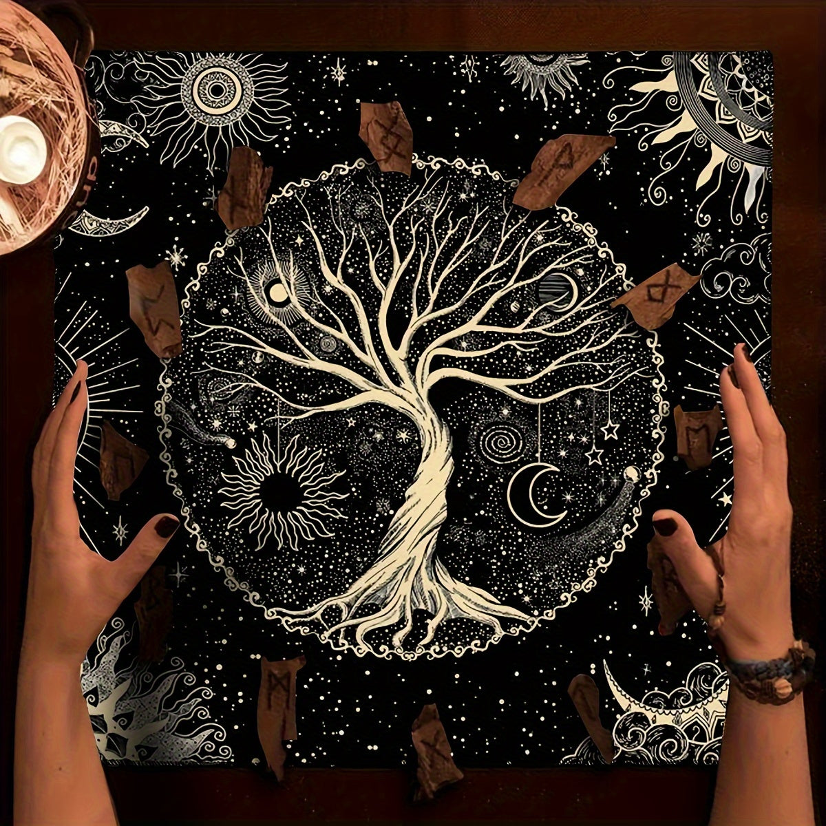Tarot Tablecloth with Life Tree and Moon Phase Designs for Readings and Decor