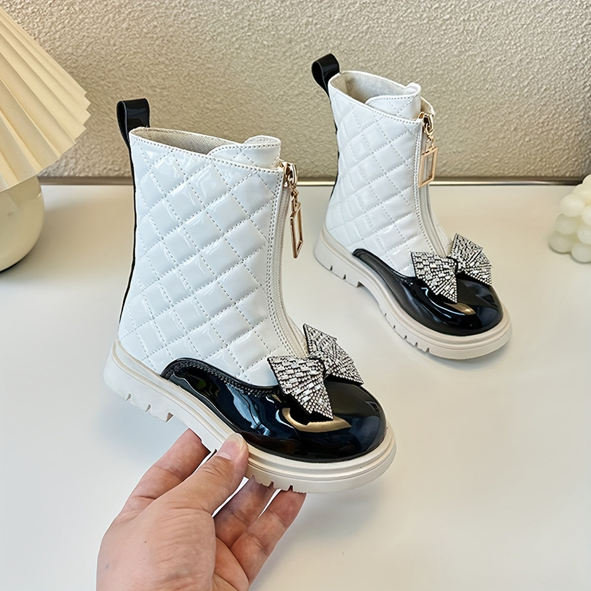 Girls Ankle Boots with Bowknot Non-Slip Zipper Wedges for All Seasons