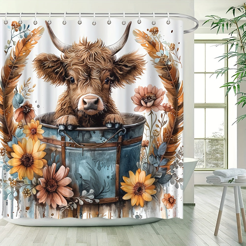 Qishloq uslubidagi Highland sigirining quyosh gullari, romashka va eukalipt dizayni bilan bezatilgan dush pardasi. Teshiklar bilan birga keladigan zamonaviy hammom ekrani. Suv o'tkazmaydigan mato, 179.83x179.83 sm. Uy hammom bezaklari uchun mukammal.