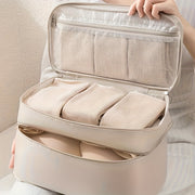 Travel Organizer Bag for Underwear and Bras Double-Layer Divided Compartments Beige Polyester