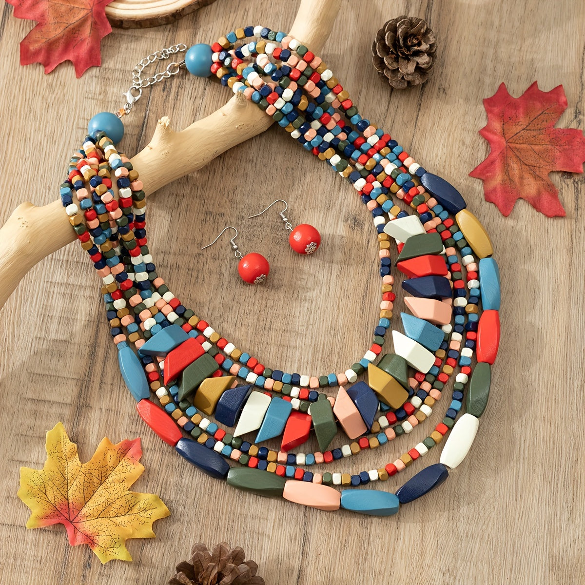 Bohemian Wooden Jewelry Set with Necklace Earrings and Chain in Multiple Colors