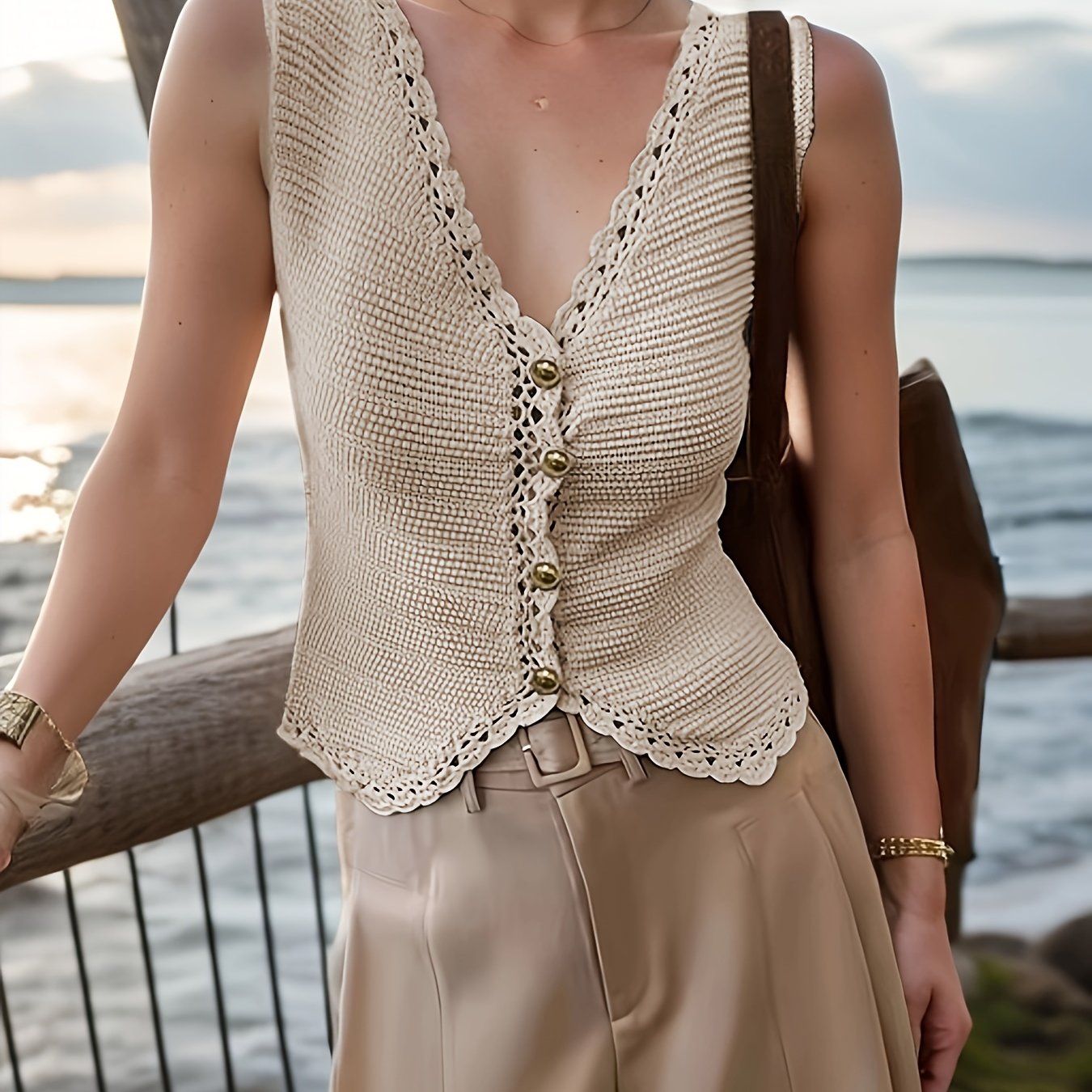 Plus o'lcham ayollar modasi bo'sh crochet V-shakli yengsiz yelek kofta