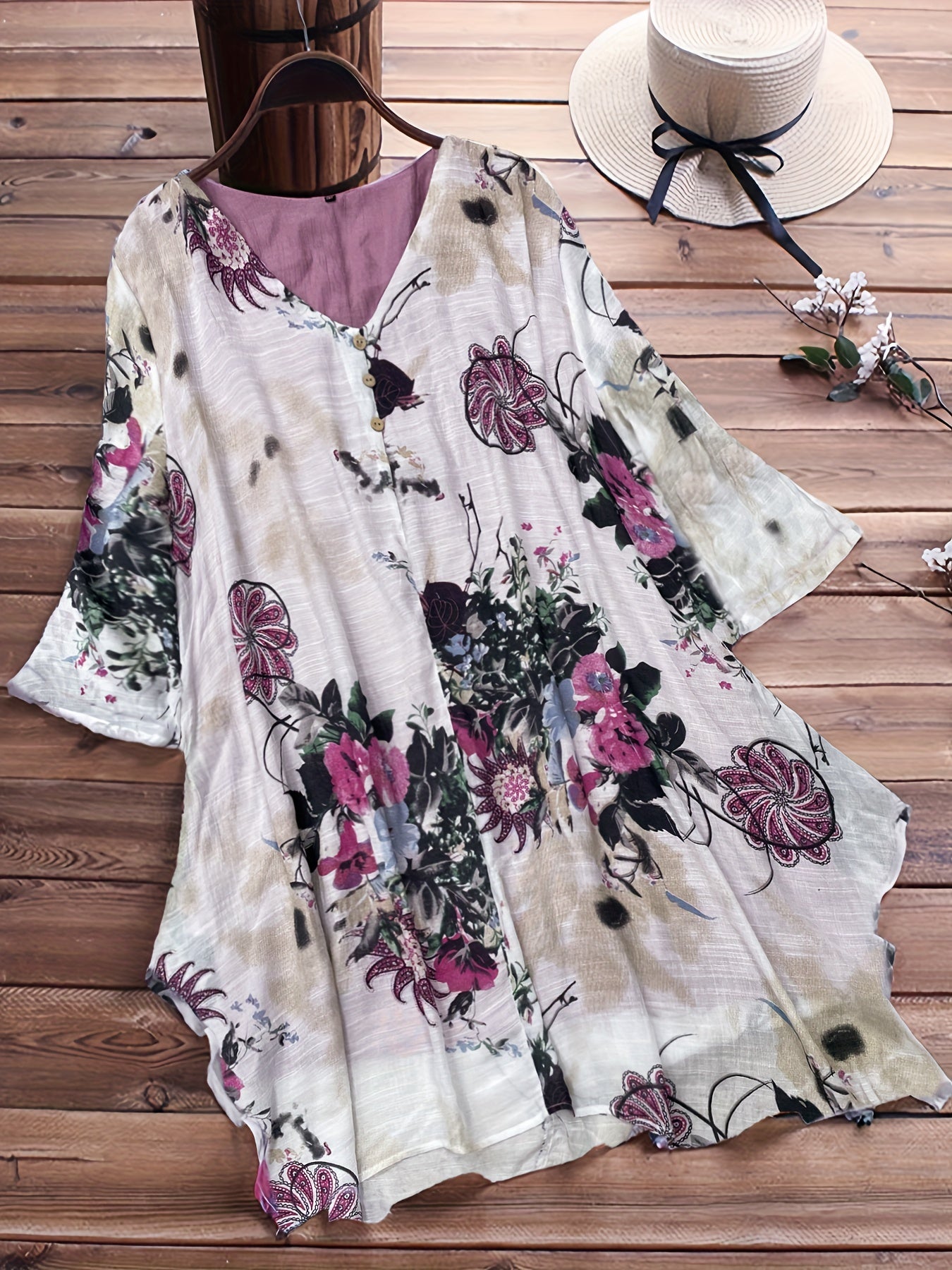 Women's Plus Size Casual Floral V-Neck Top with Short Sleeves and Asymmetrical Hem