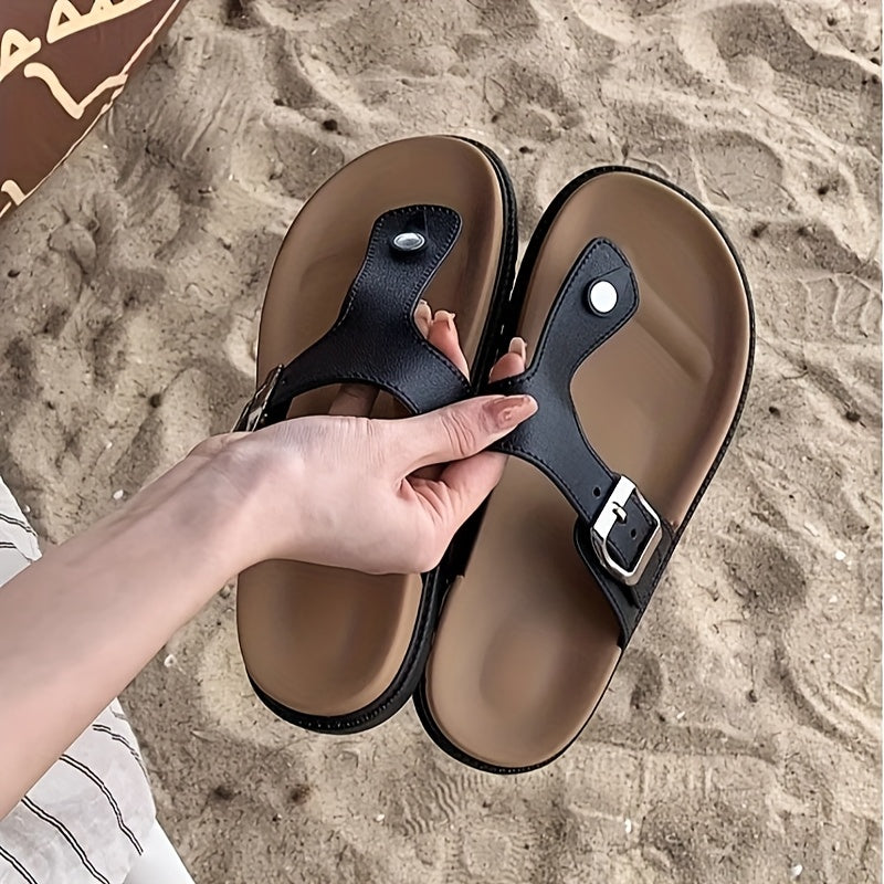 Women's Summer Slip-On Thong Sandals EVA Beach Casual Shoes Black Beige