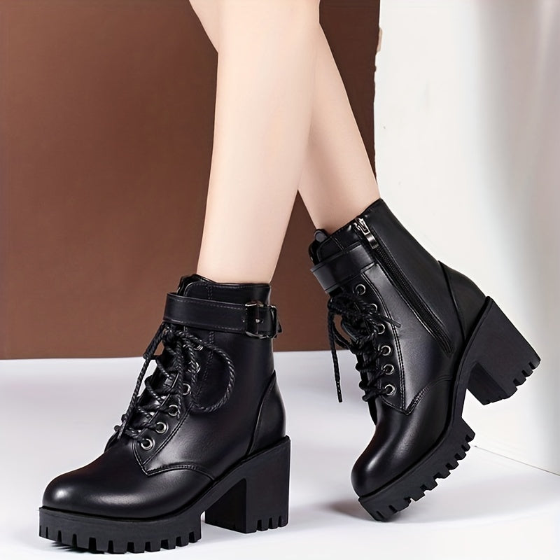 Women's Solid Color Chunky Heel Lace Up Ankle Boots