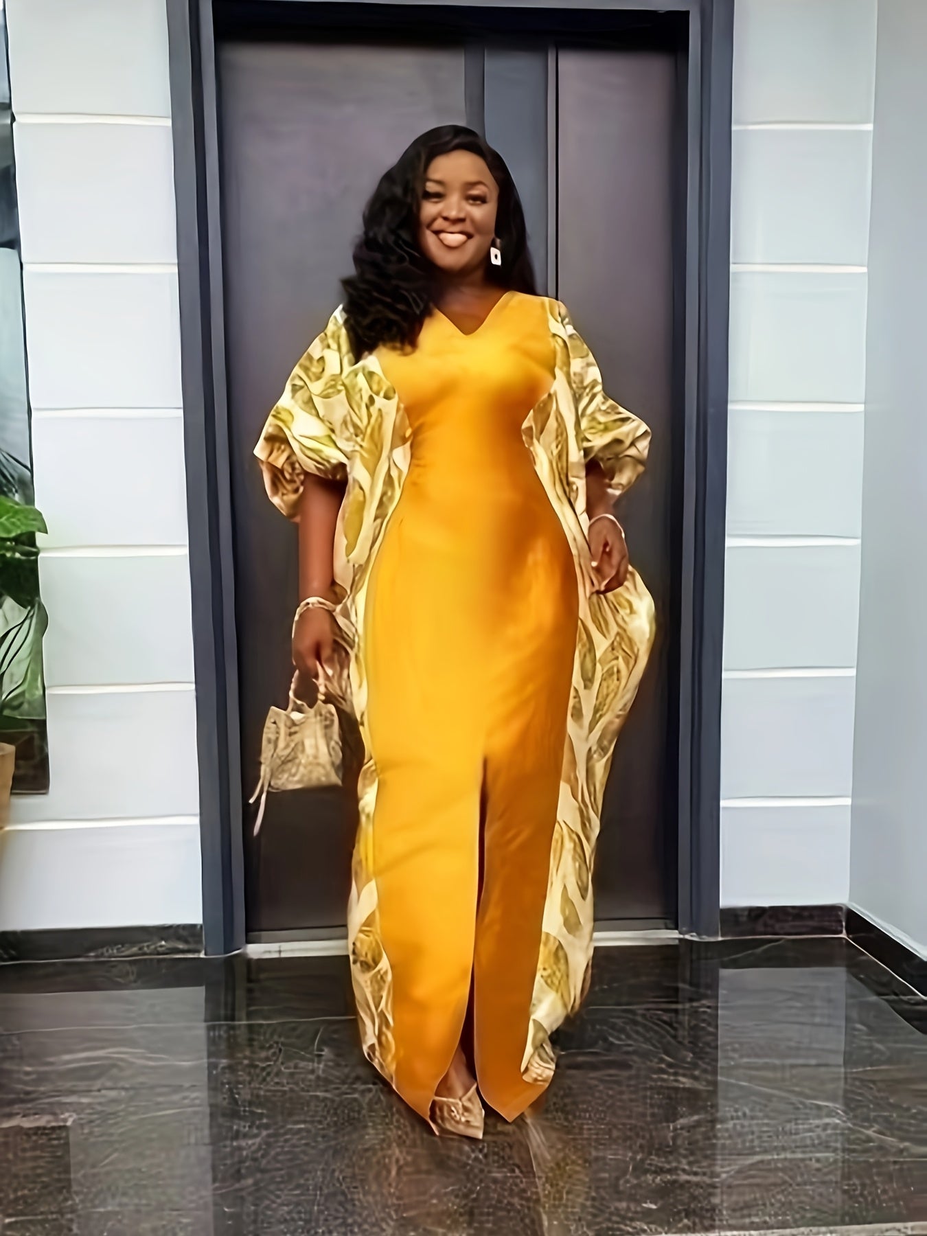 Plus Size Elegant V-Neck Kaftan Dress for Women Floral Print Loose Fit