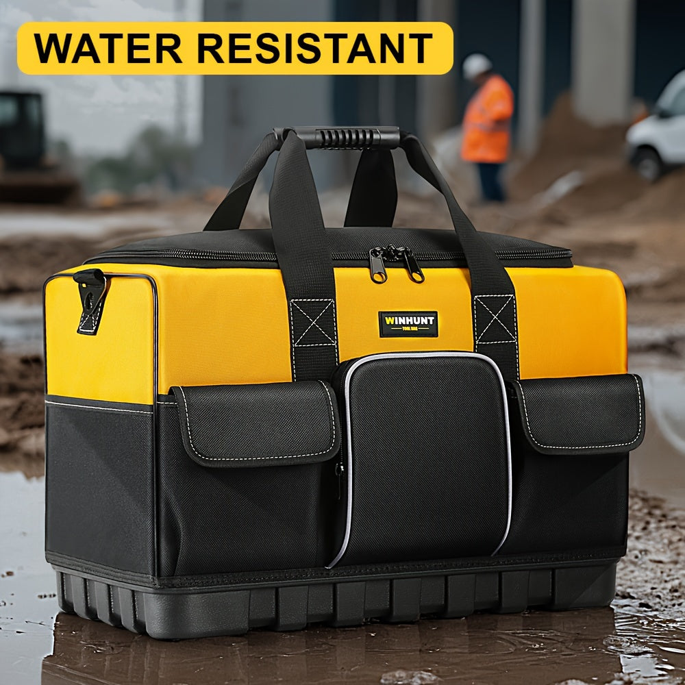 Large Waterproof Heavy Duty Tool Bag with Molded Base Polyester Black Yellow Adjustable Shoulder Strap