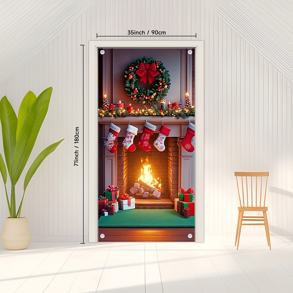 Multi-Functional Christmas Fireplace Door Cover Polyester Festive Decor