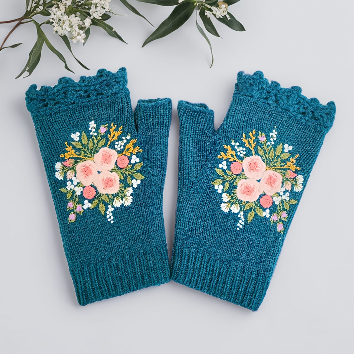 Women's Touchscreen Gloves with Retro Floral Knitted Embroidery and Hook Edge Detail