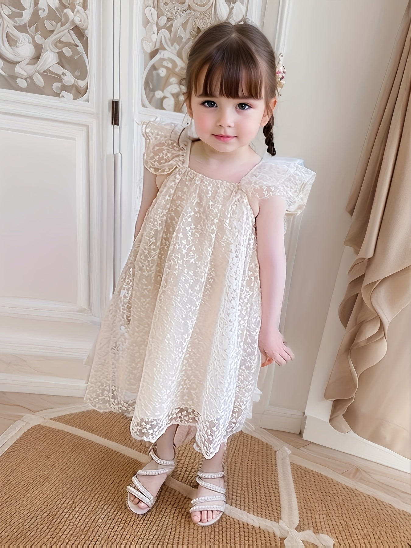 Qizlar uchun gullar bilan jacquard, uchuvchi yenglar va orqa qismi ochiq dizaynga ega nafis dantel ko'ylak.