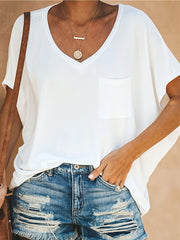 Camiseta de mujer blanca de manga corta con escote en V, casual y de corte suelto, top de verano