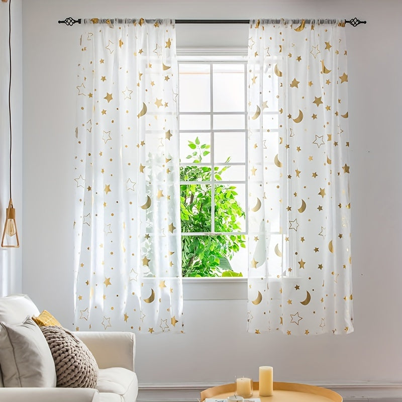 White Tulle Curtains with Silver and Gold Star Moon Cartoon Design for Kids Room