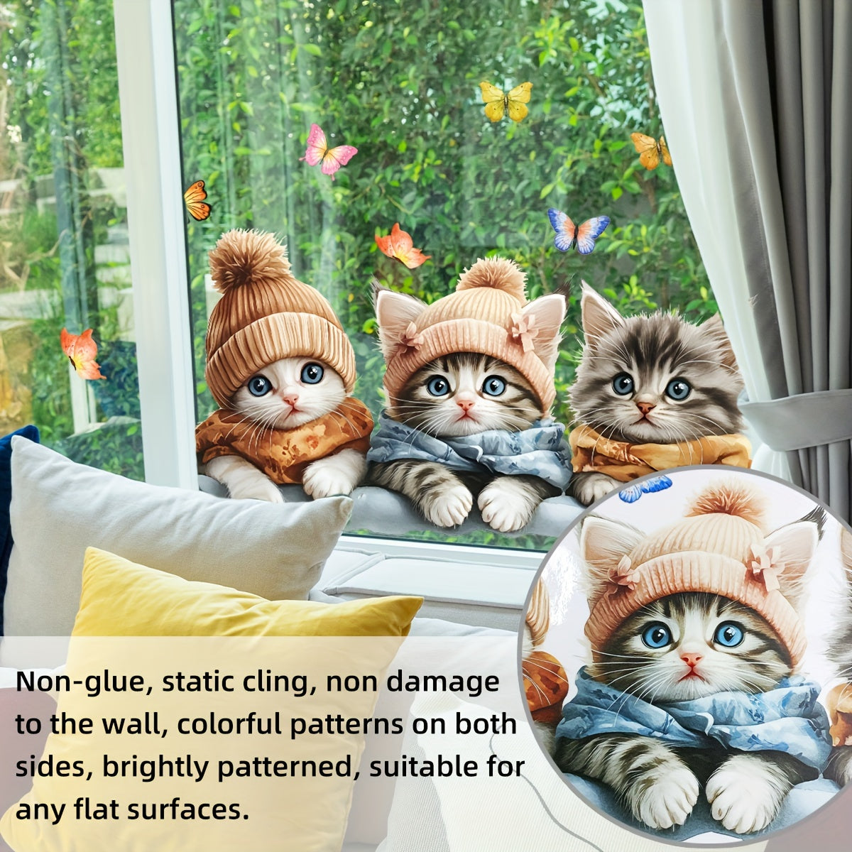 Kuz va qish oylarida oynaga yopishadigan mushuklar va kapalaklar uchun qayta ishlatiladigan PVC decal, 20x30cm