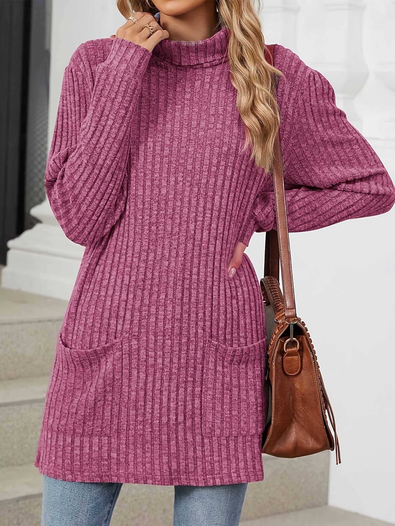 Plus Size Long Sleeve Top with Pockets Polyester Knit Solid Color