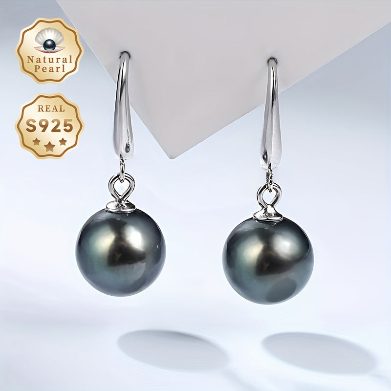 Women’s Black Tahitian Pearl Earrings 9-10mm Silver Dangle Jewelry Gift Box