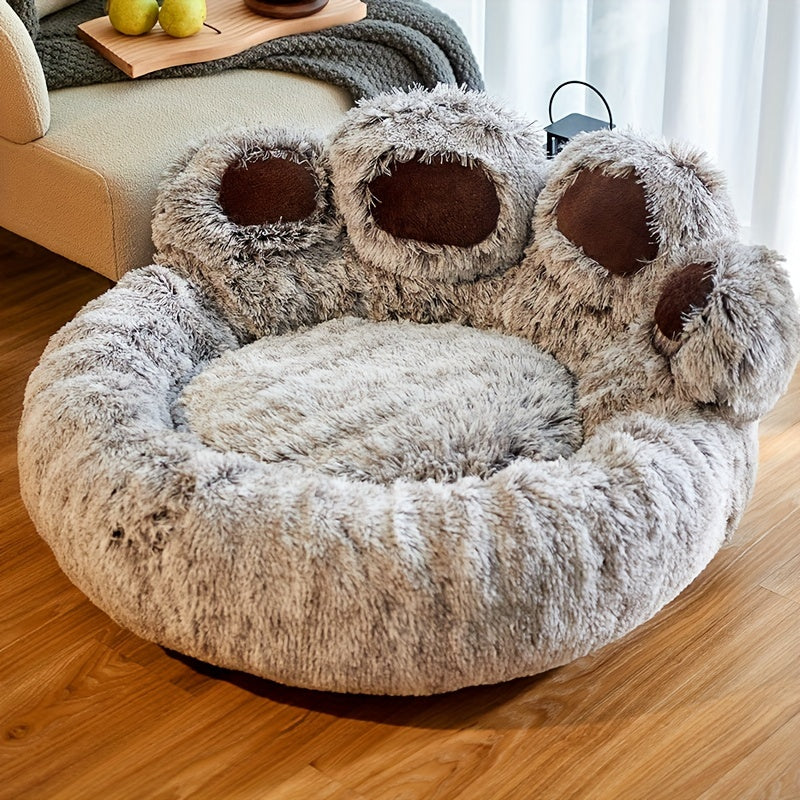 Pet Paw-Shaped Round Dog and Cat Bed Gray Faux Fur Non-Slip Small Medium