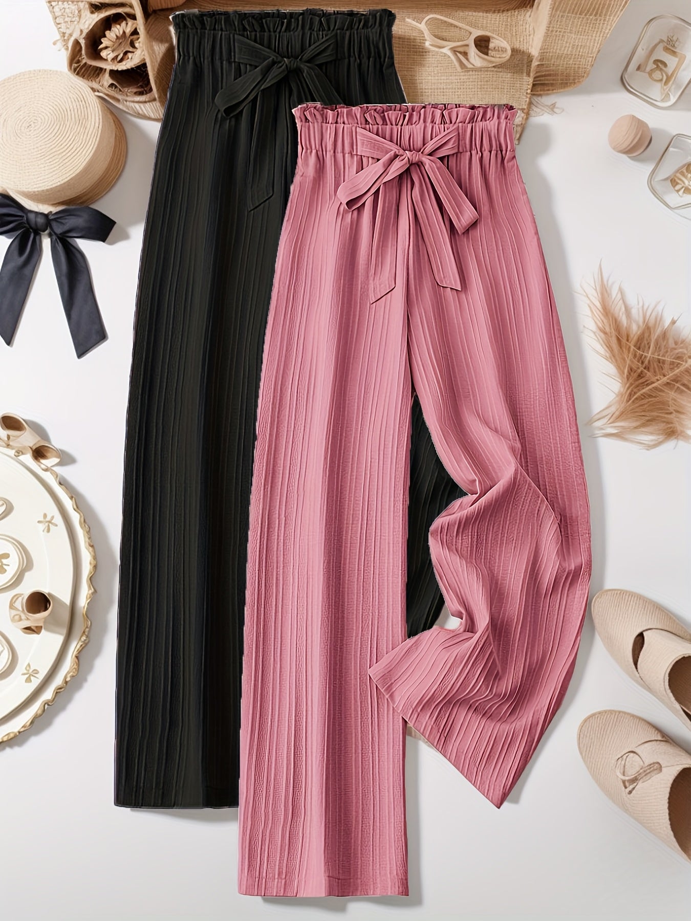 Women's Plus Size Striped Pleated Textured Long Pants Two Pack