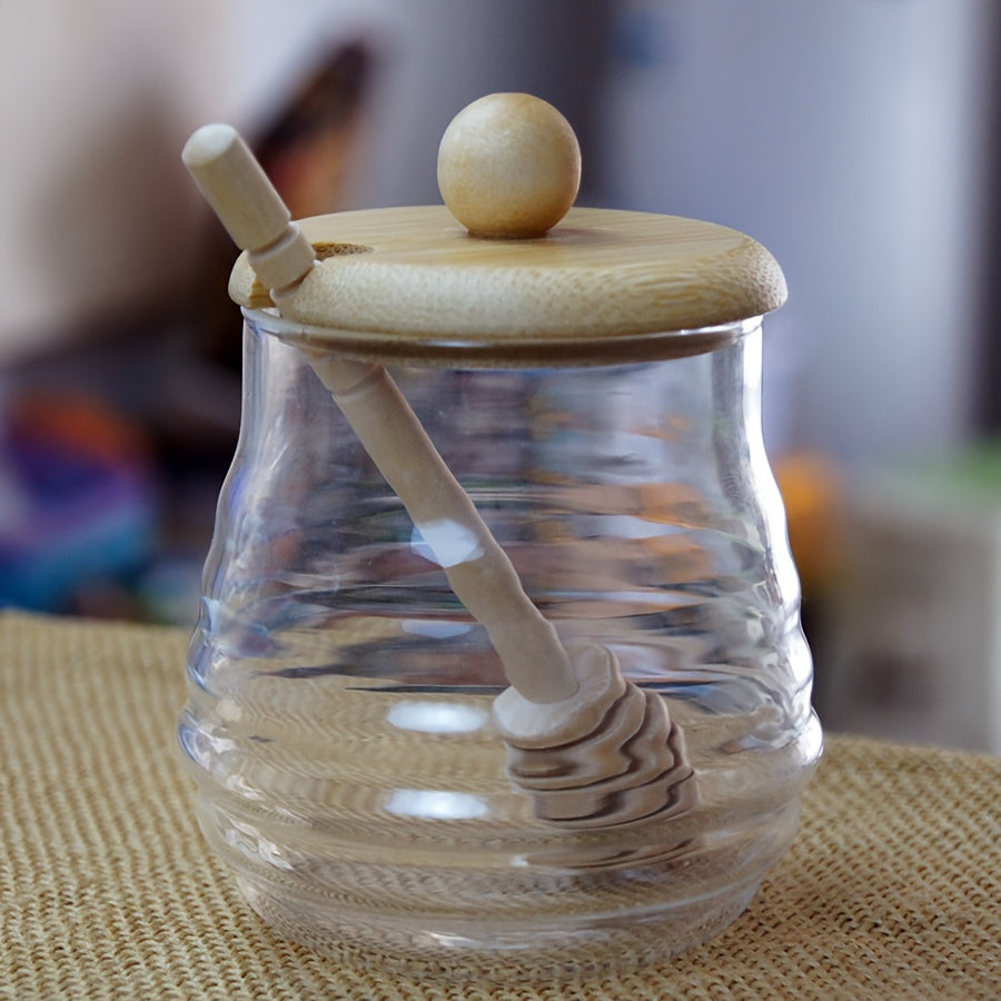 Glass Honey Jar with Bamboo Lid and Dipper for Kitchen Storage and Baking