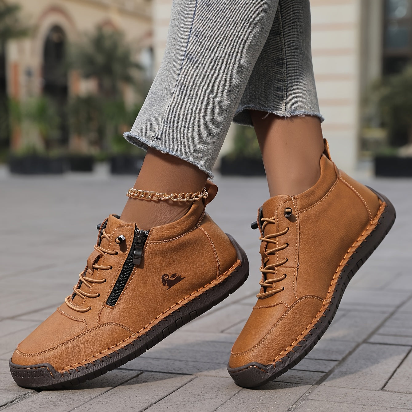 Women’s Handmade Stitched Leather Midband Slip-On Casual Short Boots