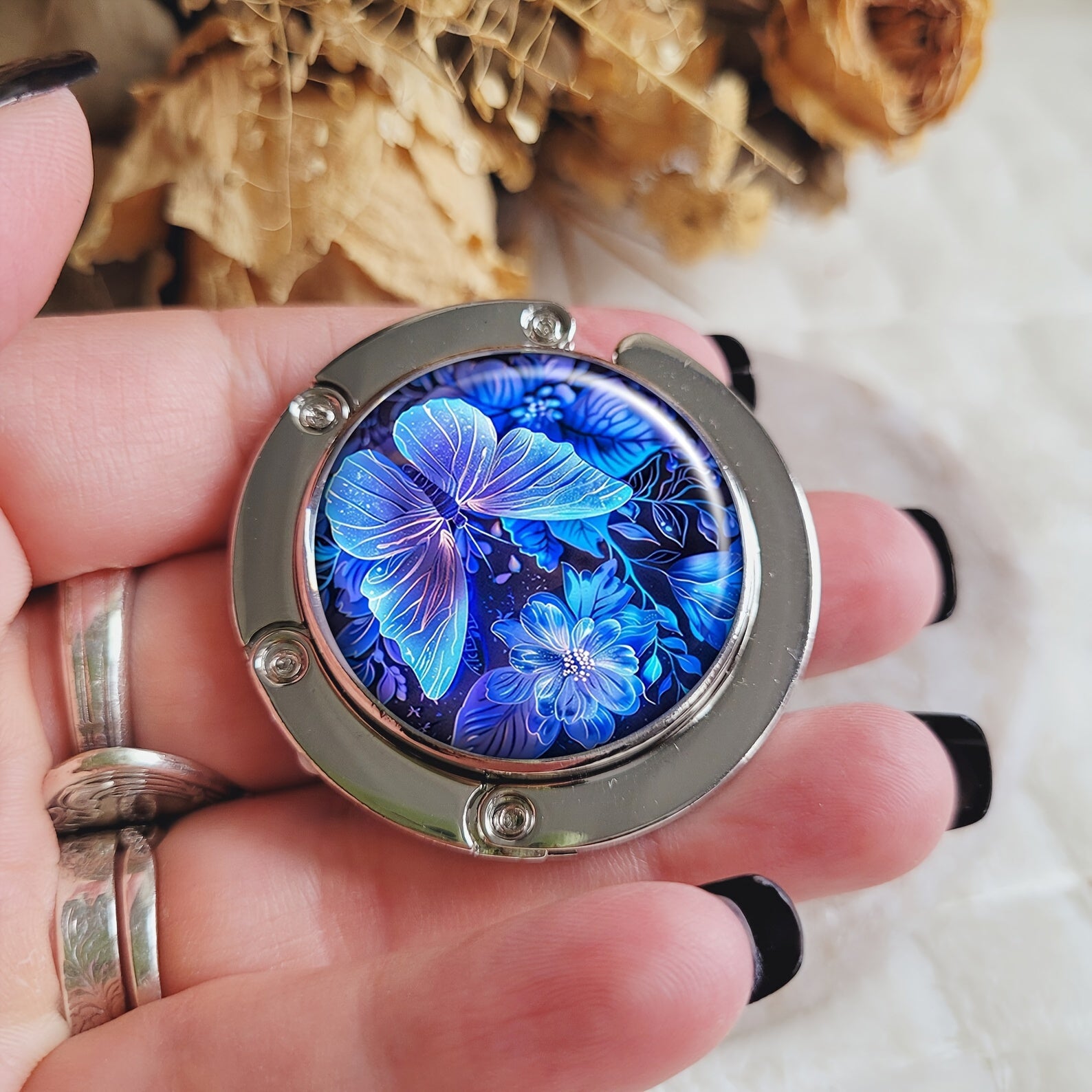 Gancho portátil plegable para bolso azul mariposa colgador de mesa para bolso soporte de bolsa