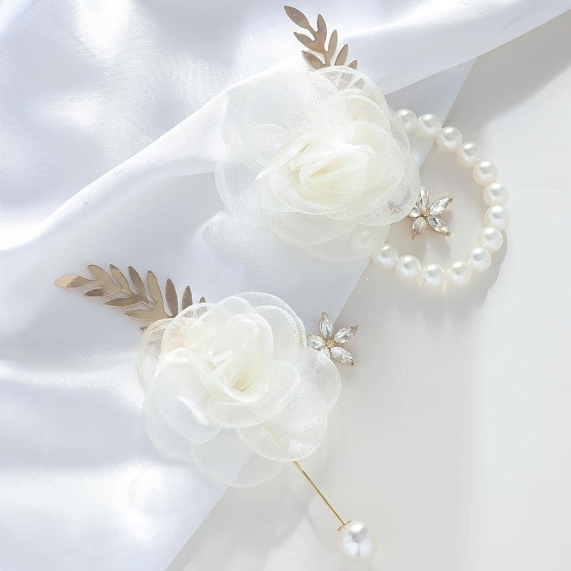 Bridal Party Wrist Corsage and Boutonniere Set with Faux Pearls and Rhinestones