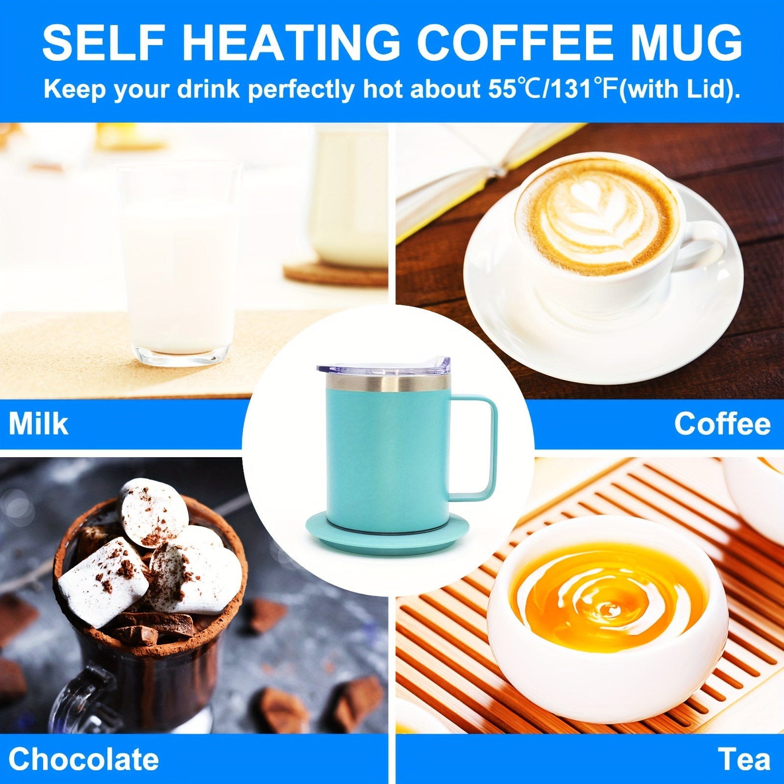 Electric Self-Heating Coffee Mug Set with 10H Auto Shut-Off USB Powered Stainless Steel