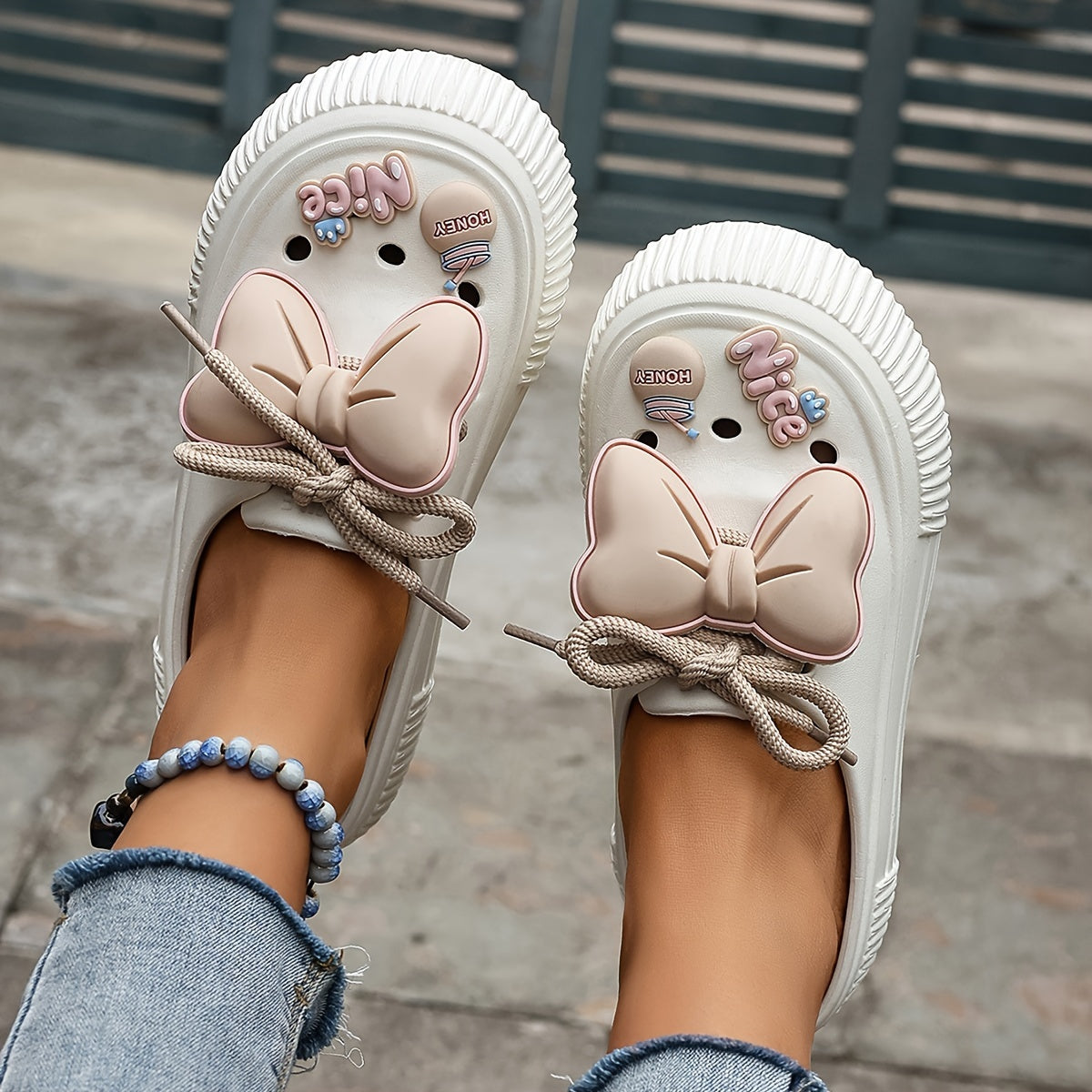Women's EVA Mules with Bow Detail Casual Beach Slide Sandals White Pink