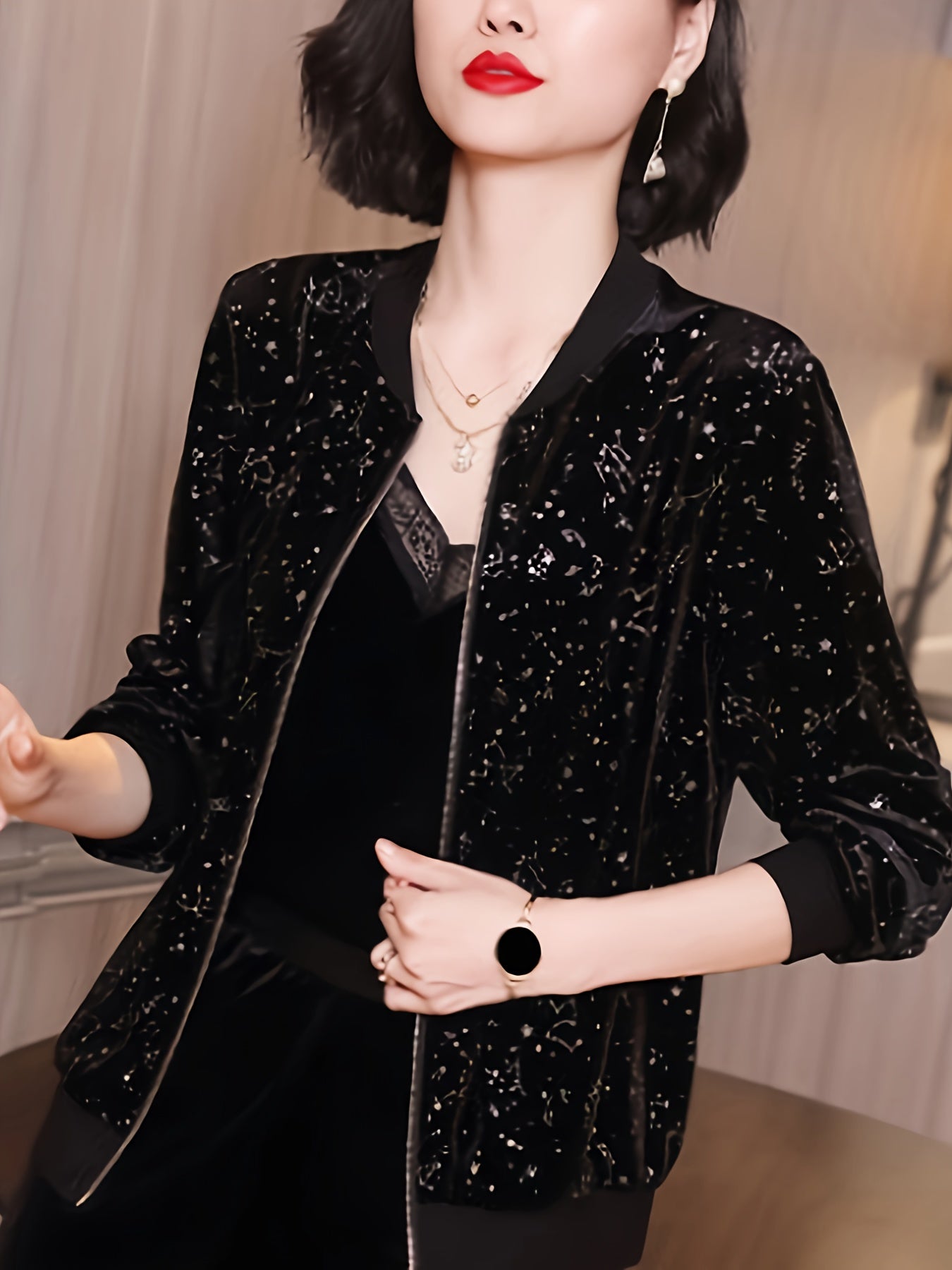 Women's Chiffon Bomber Jacket with Starry Night Print Long Sleeve Zip-Up All-Season