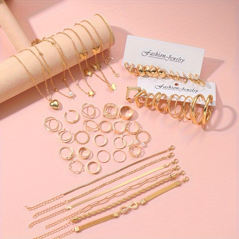 Ayollar uchun 57 ta zamonaviy metall zargarlik buyumlari to'plami: zanjirlar, sirg'alar, bilaguzuklar, uzuklar, oyoq uzuklari